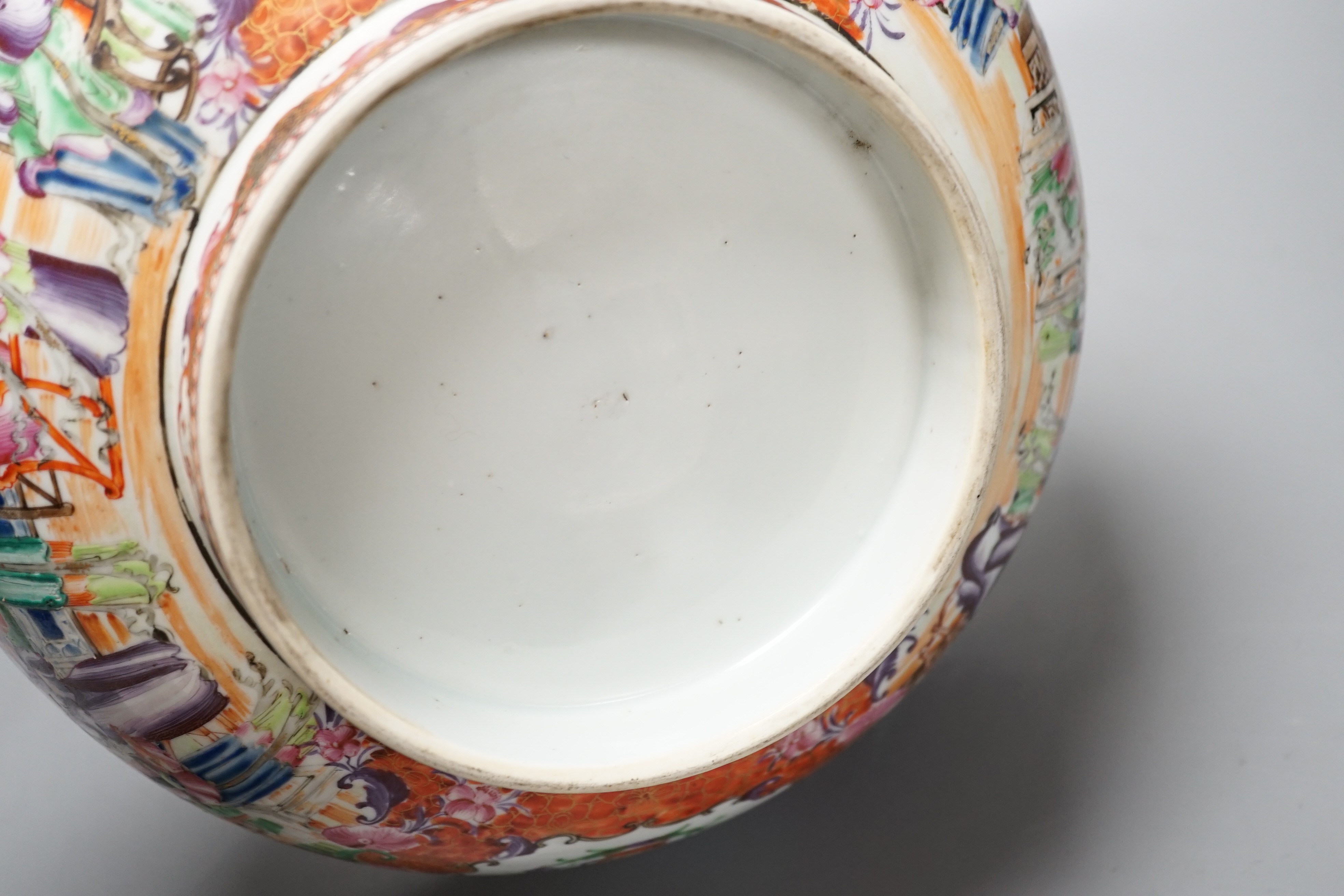 An 18th century Chinese export mandarin pattern porcelain bowl with hardwood stand 28.5cm diameter